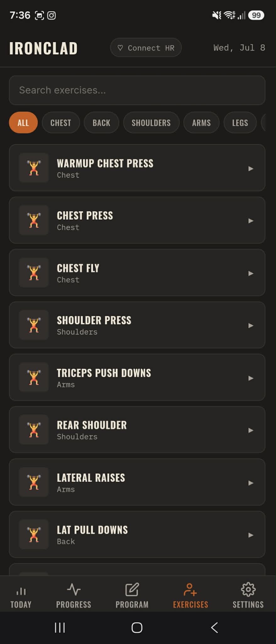 Exercise library with videos, cues, and photos