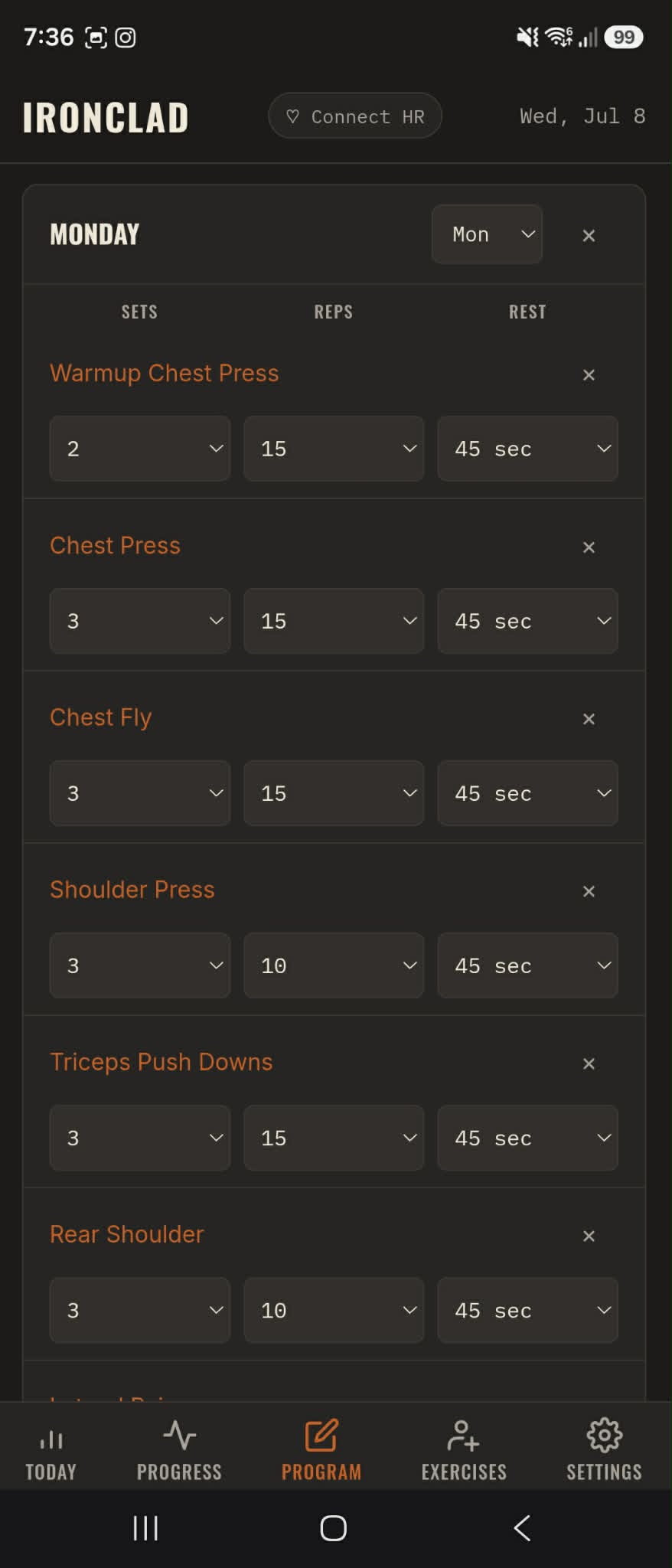 Program view showing sets, reps, and rest targets