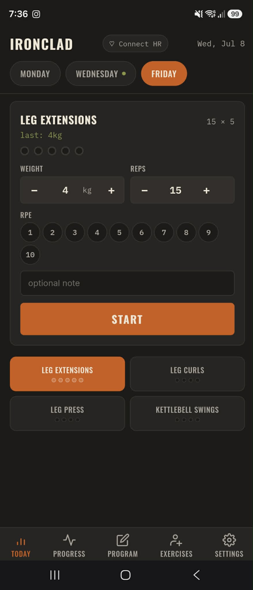 Today view showing an expanded exercise with set tracking
